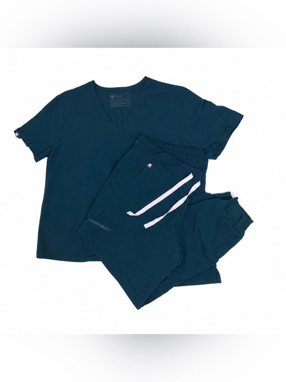 Figs Large Petite Teal V-Neck Scrub Set with White Drawstrings
